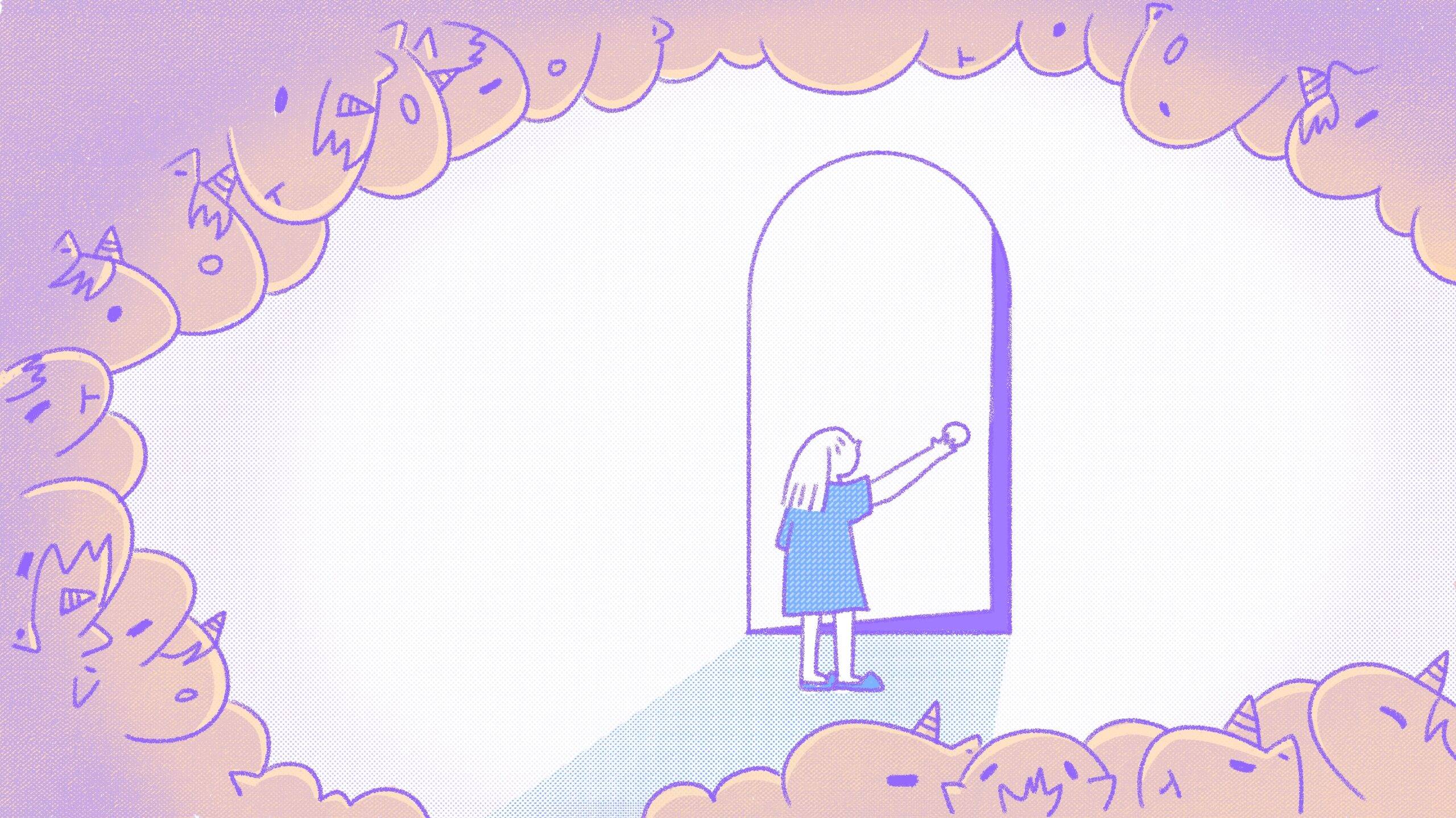An illustration of a young girl opening door that is much bigger than her. All around her is a cloud of many unicorns looking at her.